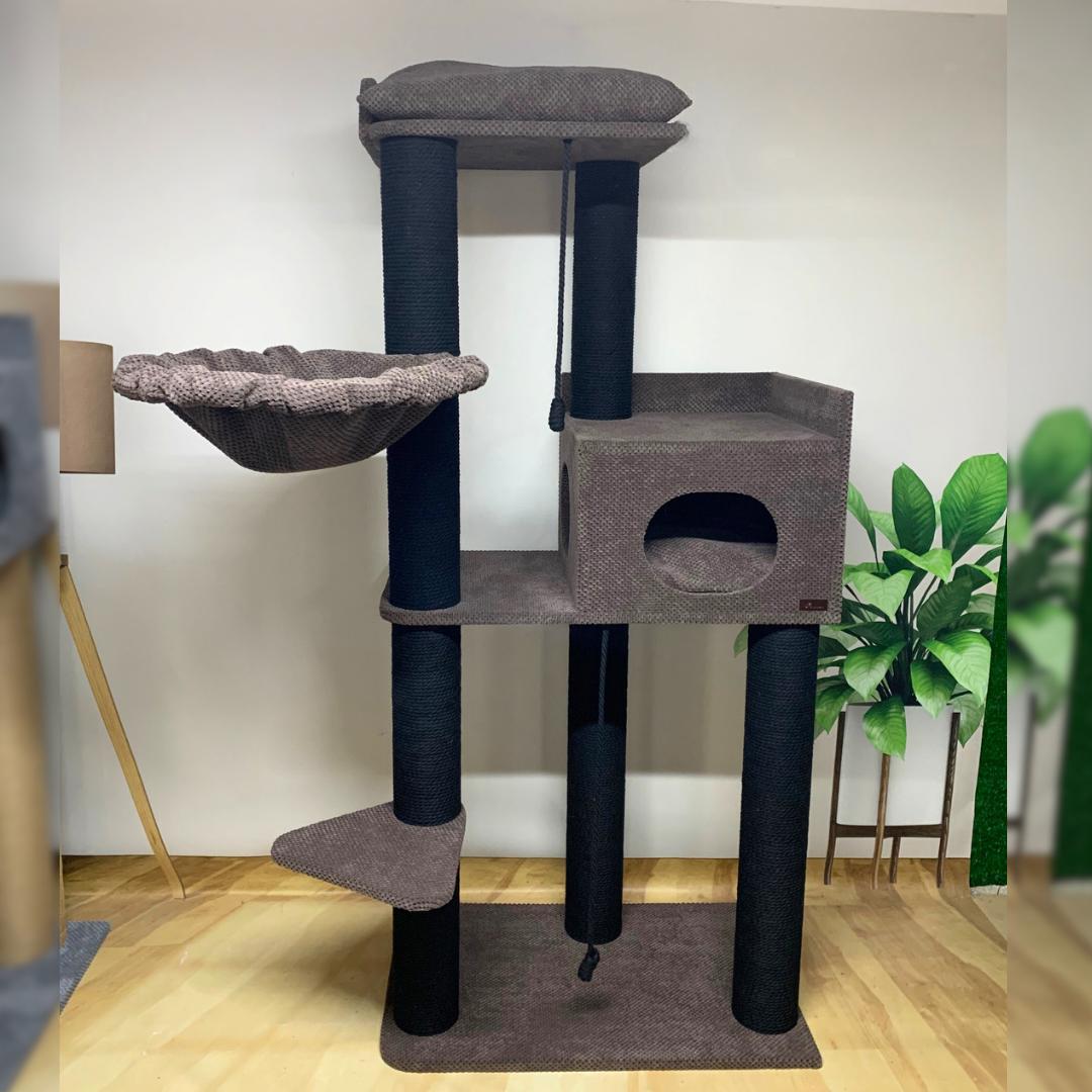 Kompleks pazurów "Elbrus" dla dużych kotów, z dużym legowiskiem, domkiem, hamakiem, do budy, wykonany z czarnej liny 175*80*50cm