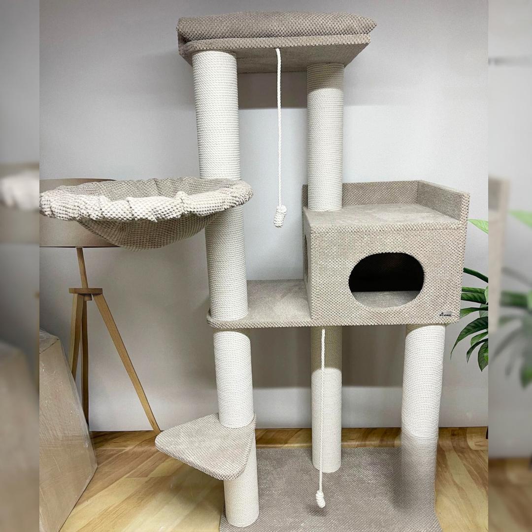 Kompleks pazurów "Elbrus" dla dużych kotów, z dużym legowiskiem, domkiem, hamakiem, do budy, wykonany z białej liny 175*80*50cm