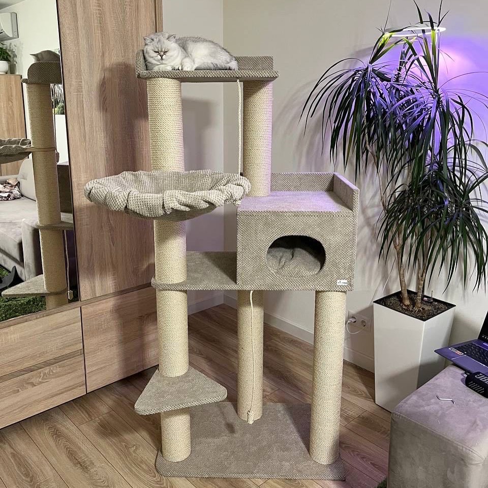 Kompleks pazurów "Elbrus" dla dużych kotów, z dużym legowiskiem, domkiem, hamakiem, do budy, wykonany z sizalu 175*80*50cm