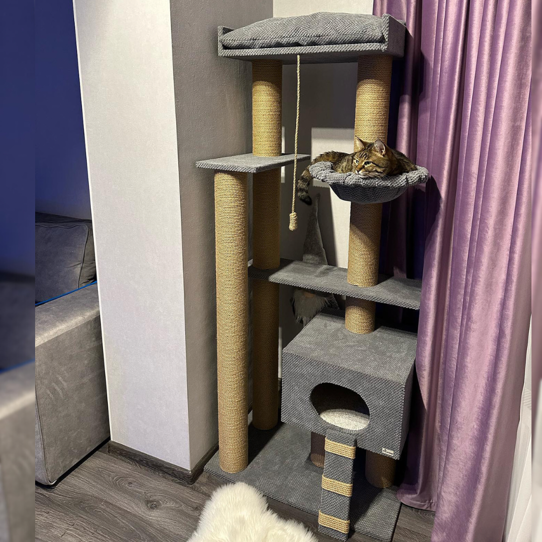 Zestaw zabawowy "Charlie" dla dużych kotów, z domkiem, z hamakiem, do budy, juta, 175*80*50cm