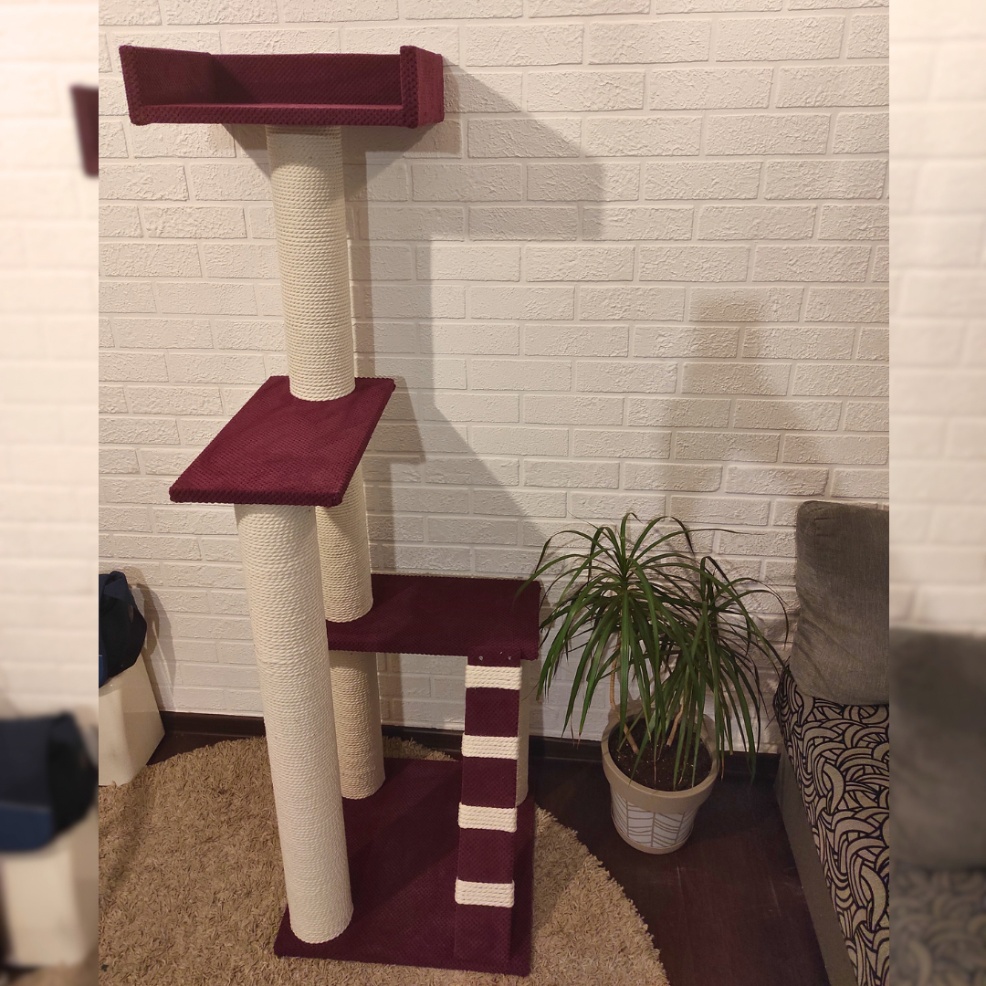 Trzypiętrowy zestaw zabawowy – pazur z półkami i legowiskiem dla kotów, wykonany z białej liny, 165*55*55 cm