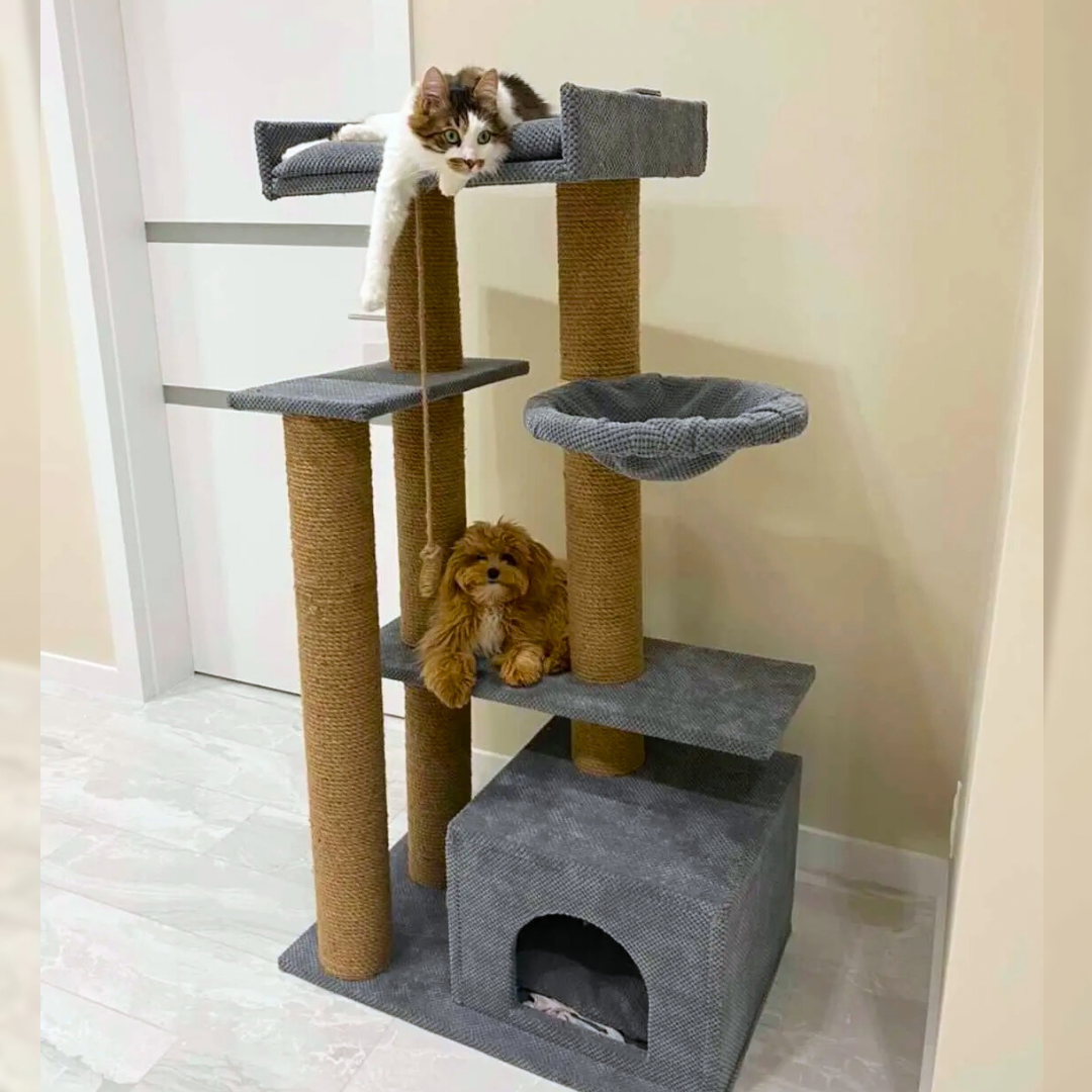 Zestaw zabawowy "Charlie" dla dużych kotów z domkiem i hamakiem, 145*80*50 cm