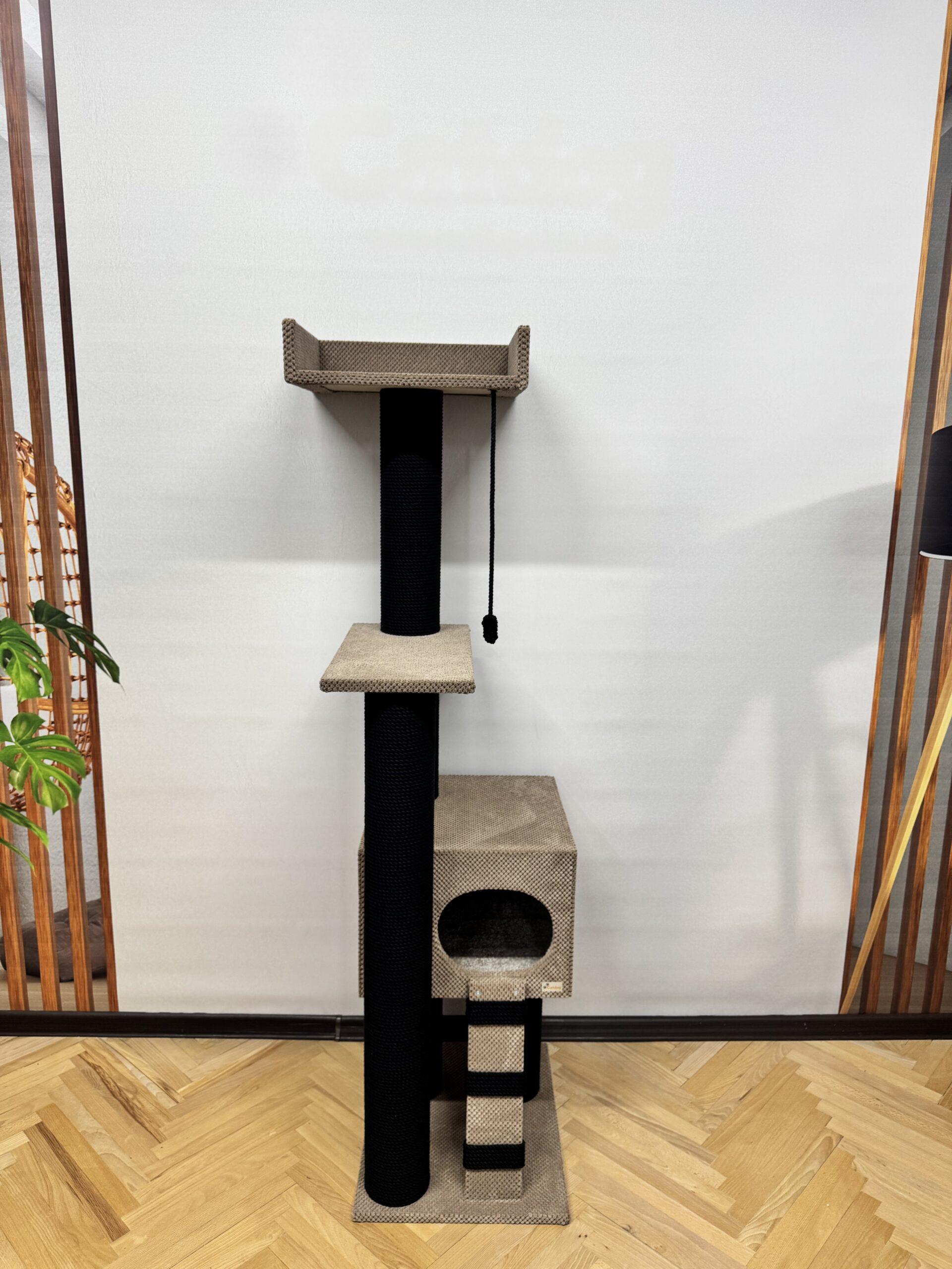 Trzypiętrowy kompleks na nóżkach z domkiem, z kanapą, wykonany z czarnej bawełnianej liny, 165 cm - obrazek 3