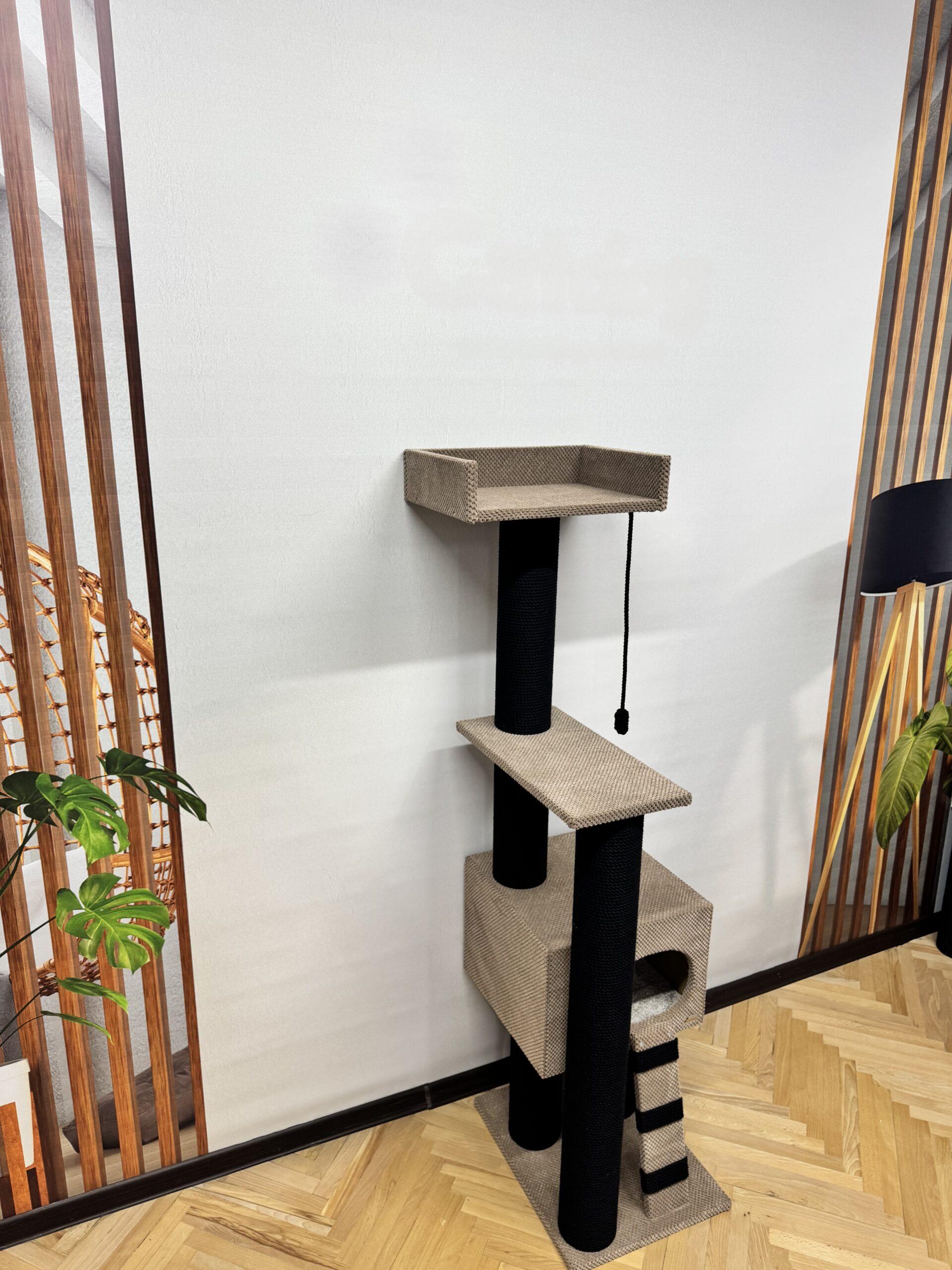 Trzypiętrowy kompleks na nóżkach z domkiem, z kanapą, wykonany z czarnej bawełnianej liny, 165 cm - obrazek 2