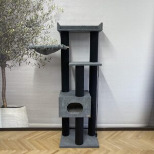 Kompleks kocich pazurów "Sky" 180 cm z domkiem, wielopoziomowy, kompaktowy, wykonany z czarnej liny, z hamakiem, 180*60*50 cm