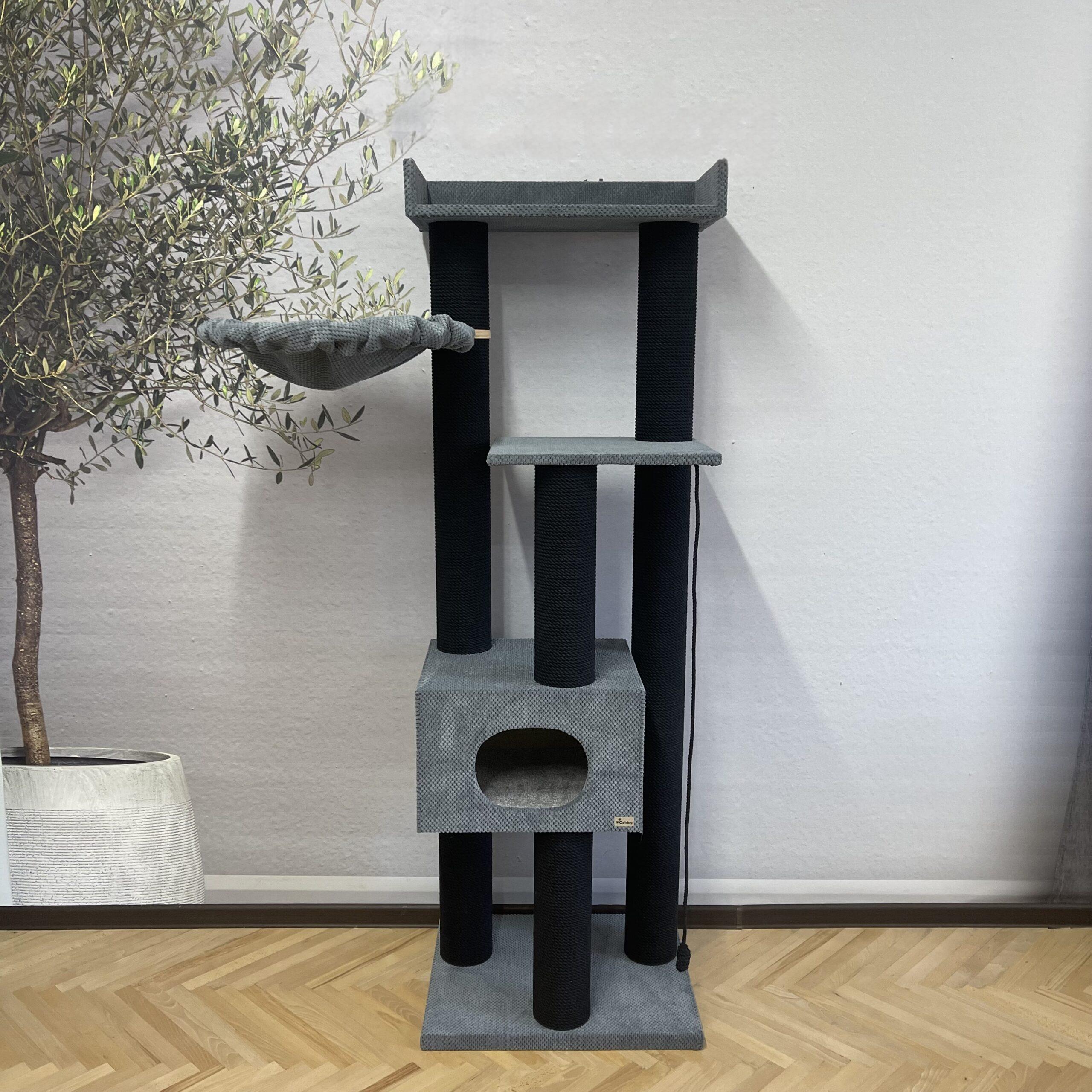 Kompleks kocich pazurów "Sky" 180 cm z domkiem, wielopoziomowy, kompaktowy, wykonany z czarnej liny, z hamakiem, 180*60*50 cm