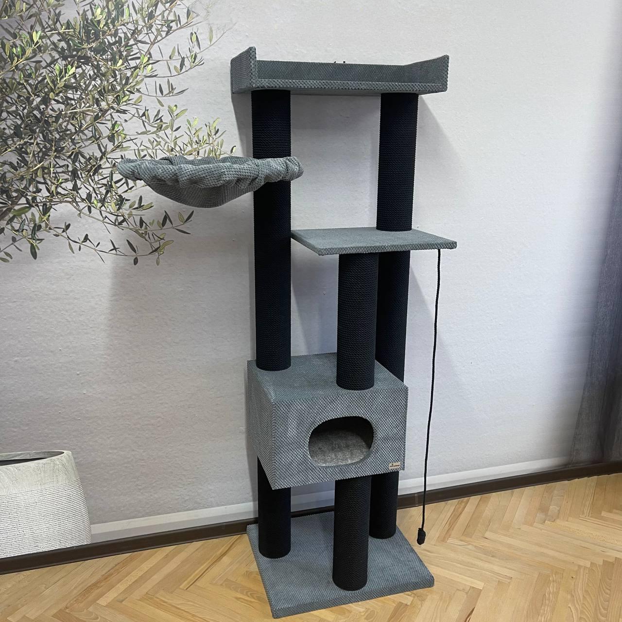 Kompleks kocich pazurów "Sky" 180 cm z domkiem, wielopoziomowy, kompaktowy, wykonany z czarnej liny, z hamakiem, 180*60*50 cm - obrazek 2
