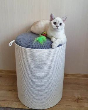 Puf, kredens, nóżka w kształcie pazura, domek dla kota, miejsce do przechowywania, wszystko z białego sznurka