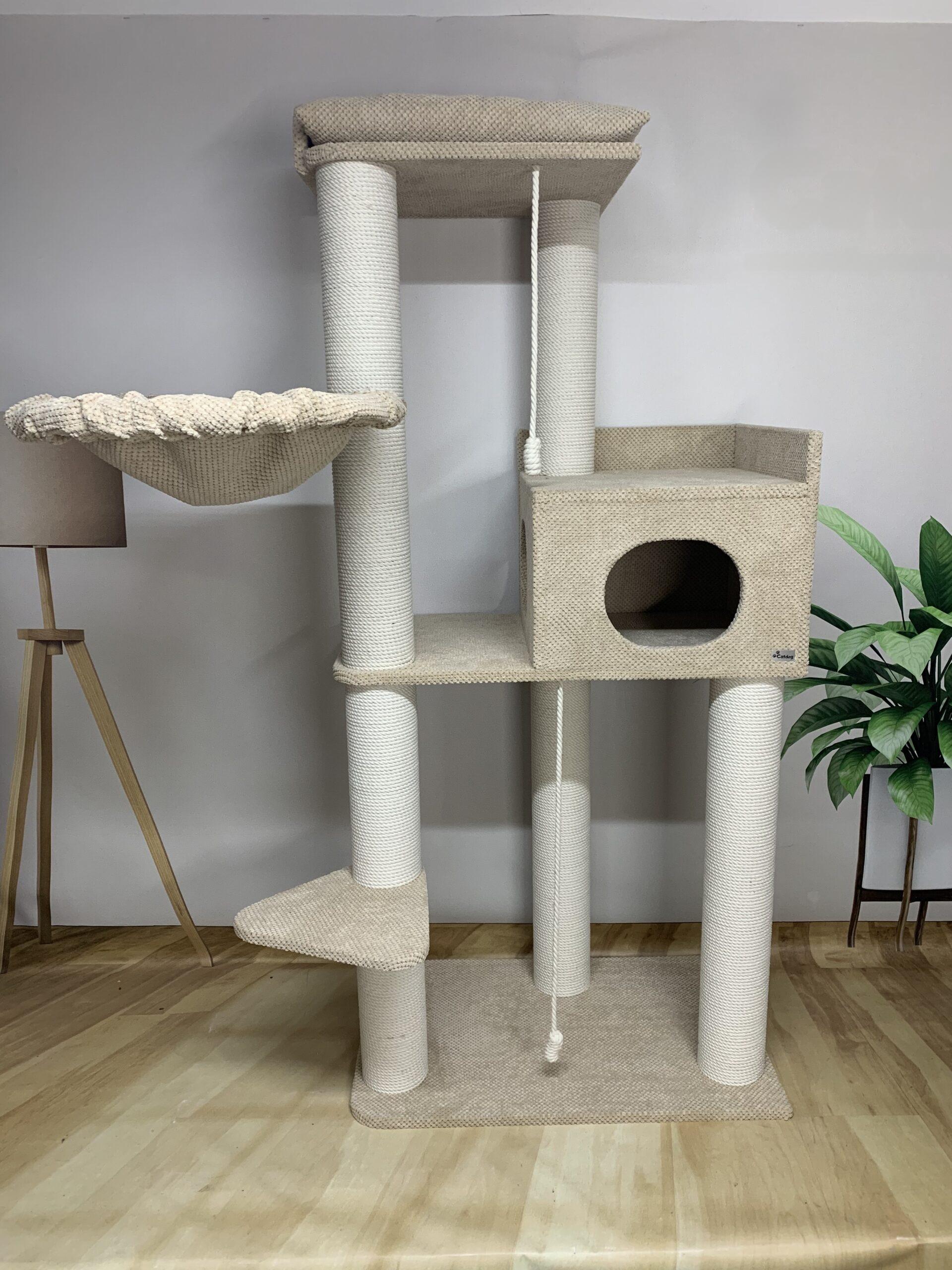Kompleks pazurów "Elbrus" dla dużych kotów, z dużym legowiskiem, domkiem, hamakiem, do budy, wykonany z białej liny 175*80*50cm - obrazek 4