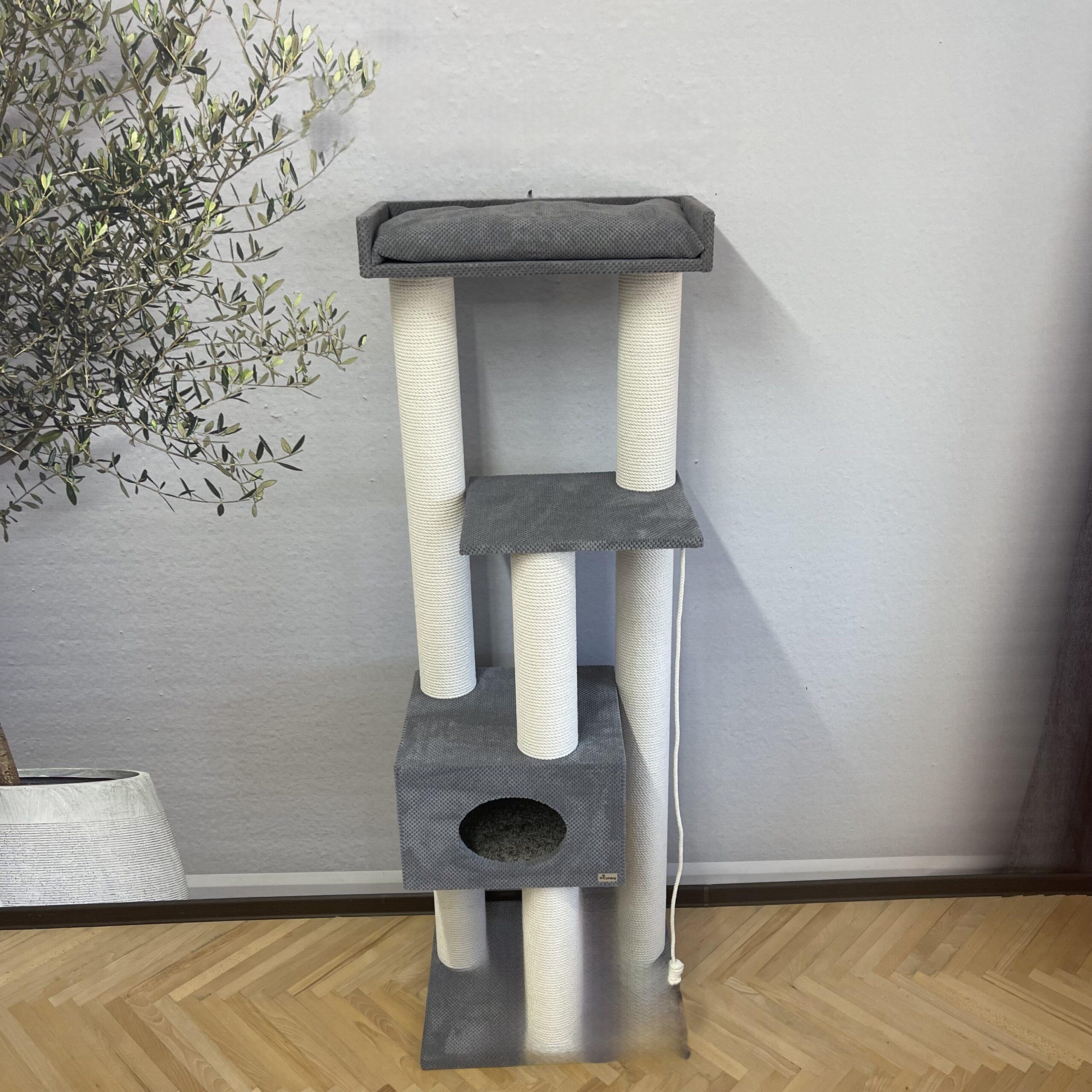 Kompleks kociego pazura "Sky" wys. 180 cm z domkiem i półkami, biała lina - obrazek 2