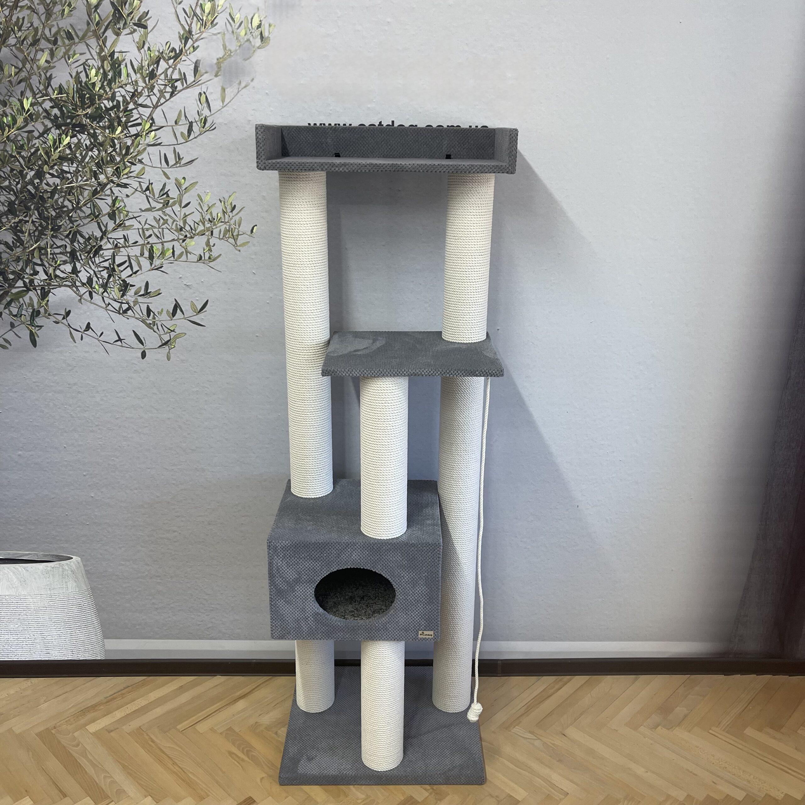 Kompleks kociego pazura "Sky" wys. 180 cm z domkiem i półkami, biała lina - obrazek 4