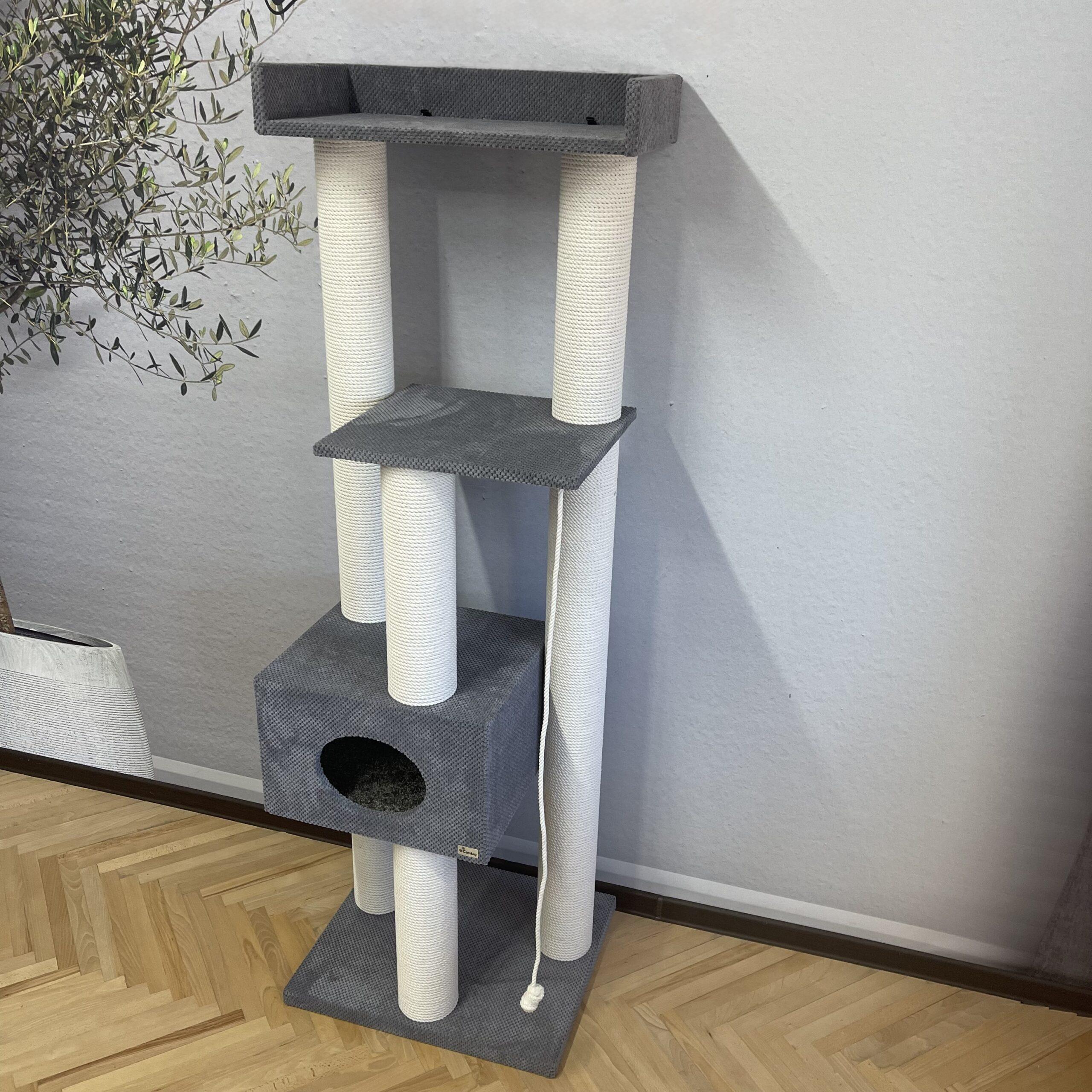 Kompleks kociego pazura "Sky" wys. 180 cm z domkiem i półkami, biała lina - obrazek 3