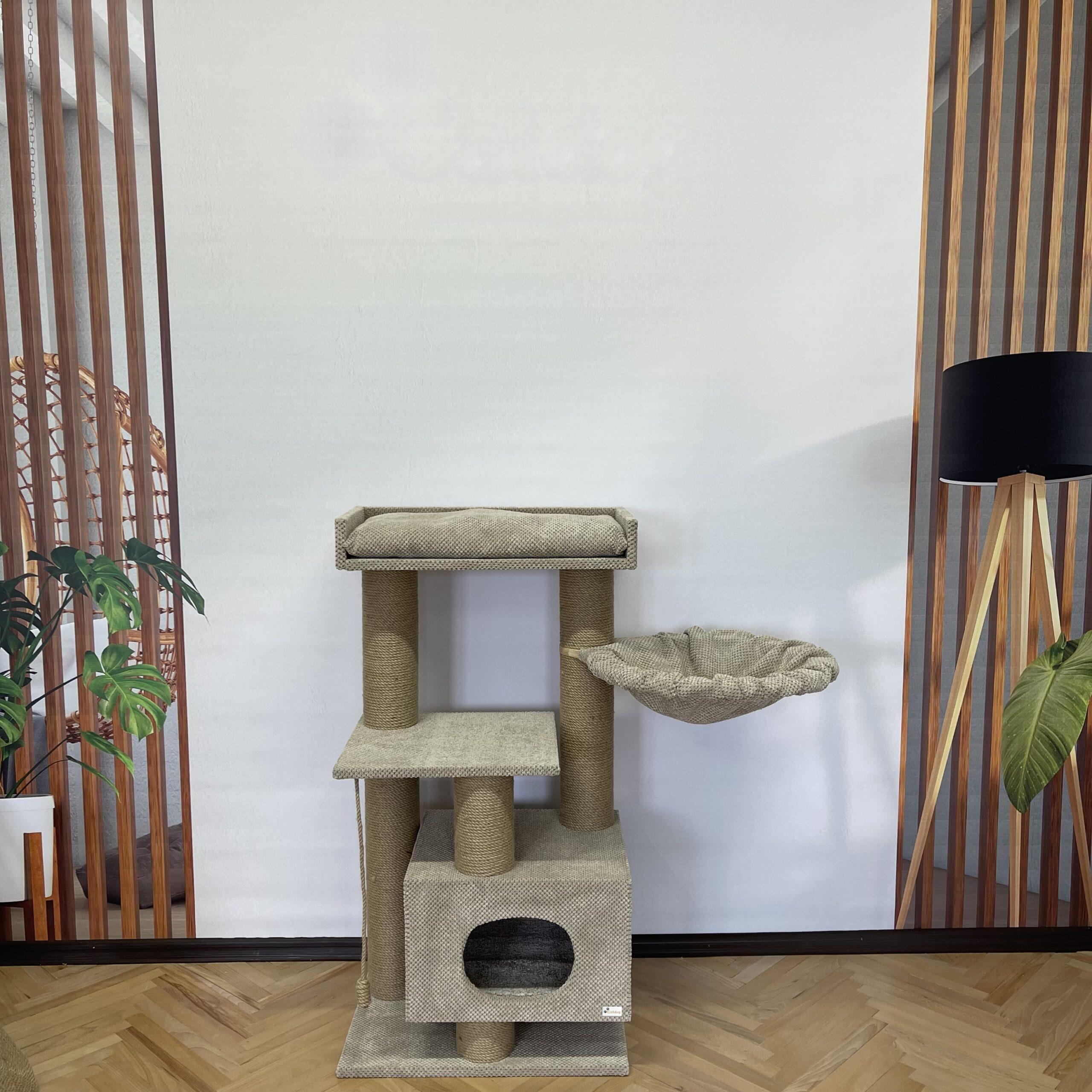 Domek-łapka, zestaw zabawowy z domkiem "LEO", wiertarka-łapka, z hamakiem, wykonany z juty 115*60*40cm