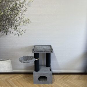 Domek z łapką dla kota "Palmira 90", z legowiskiem, hamakiem, zabawką, wykonany z czarnej liny, 90*45*45 cm