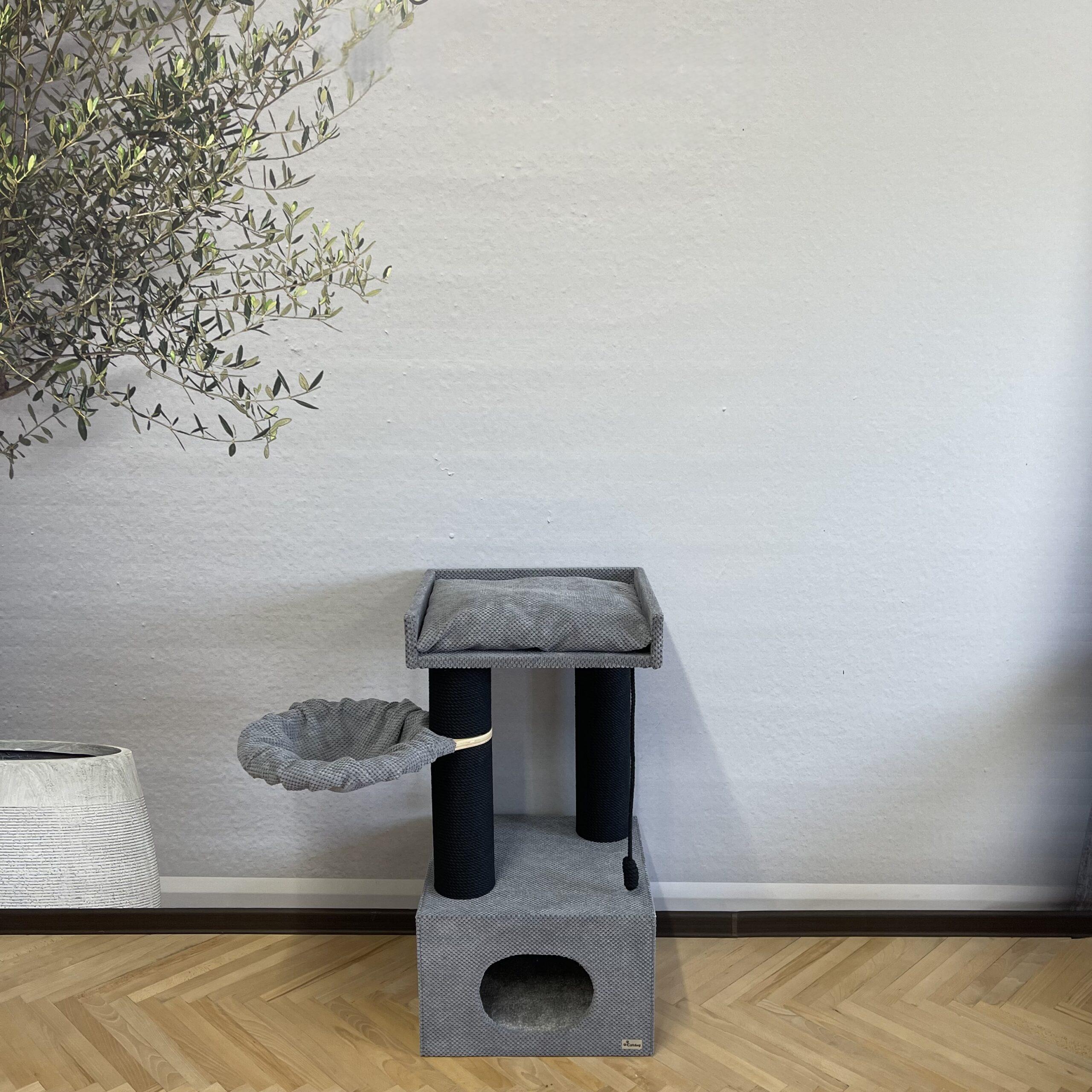 Domek z łapką dla kota "Palmira 90", z legowiskiem, hamakiem, zabawką, wykonany z czarnej liny, 90*45*45 cm