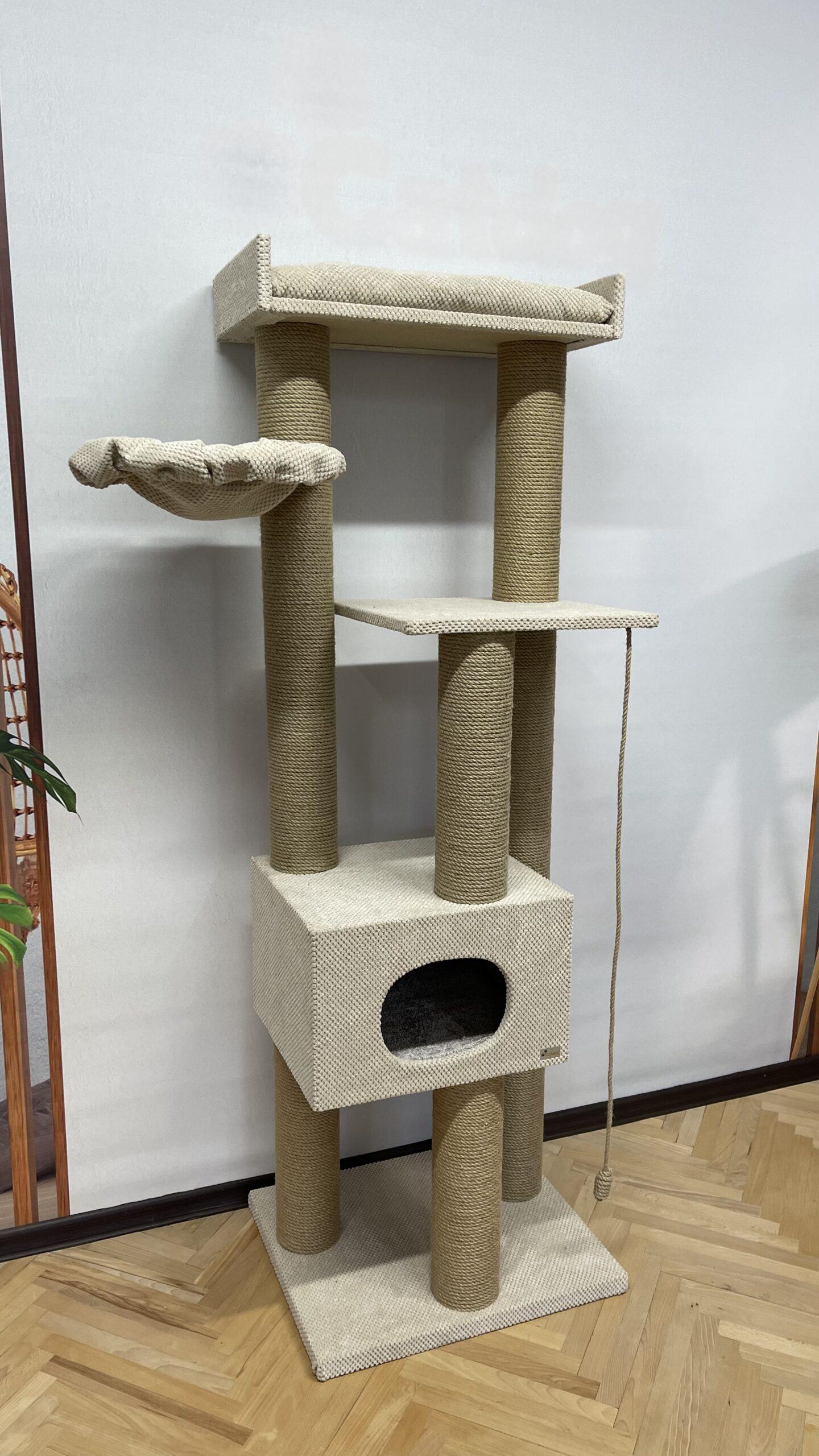 Kompleks kociego pazura "Sky" 180 cm z domkiem, wielopoziomowy, kompaktowy, z juty, z hamakiem, 180*60*50 cm - obrazek 3