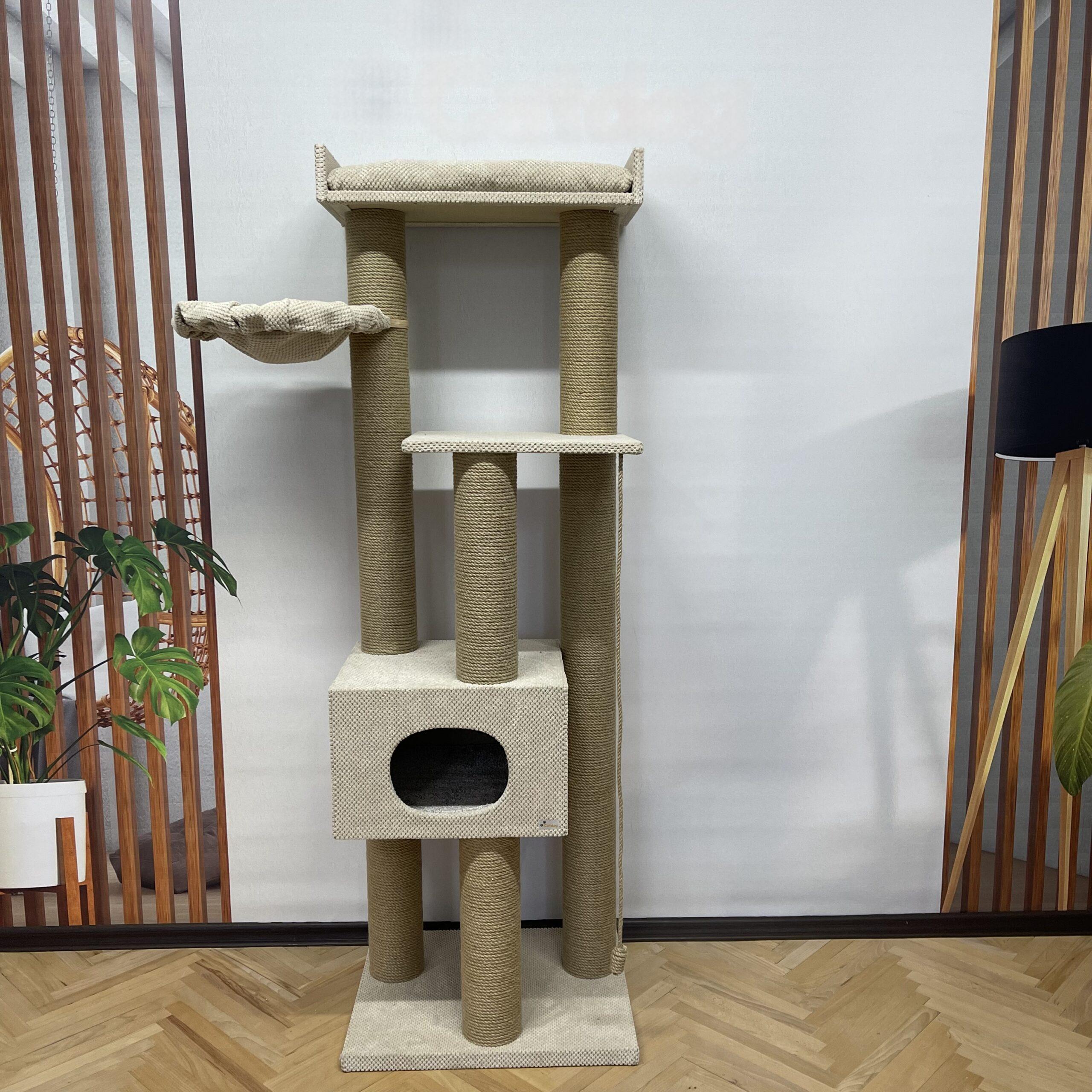 Kompleks kociego pazura "Sky" 180 cm z domkiem, wielopoziomowy, kompaktowy, z juty, z hamakiem, 180*60*50 cm