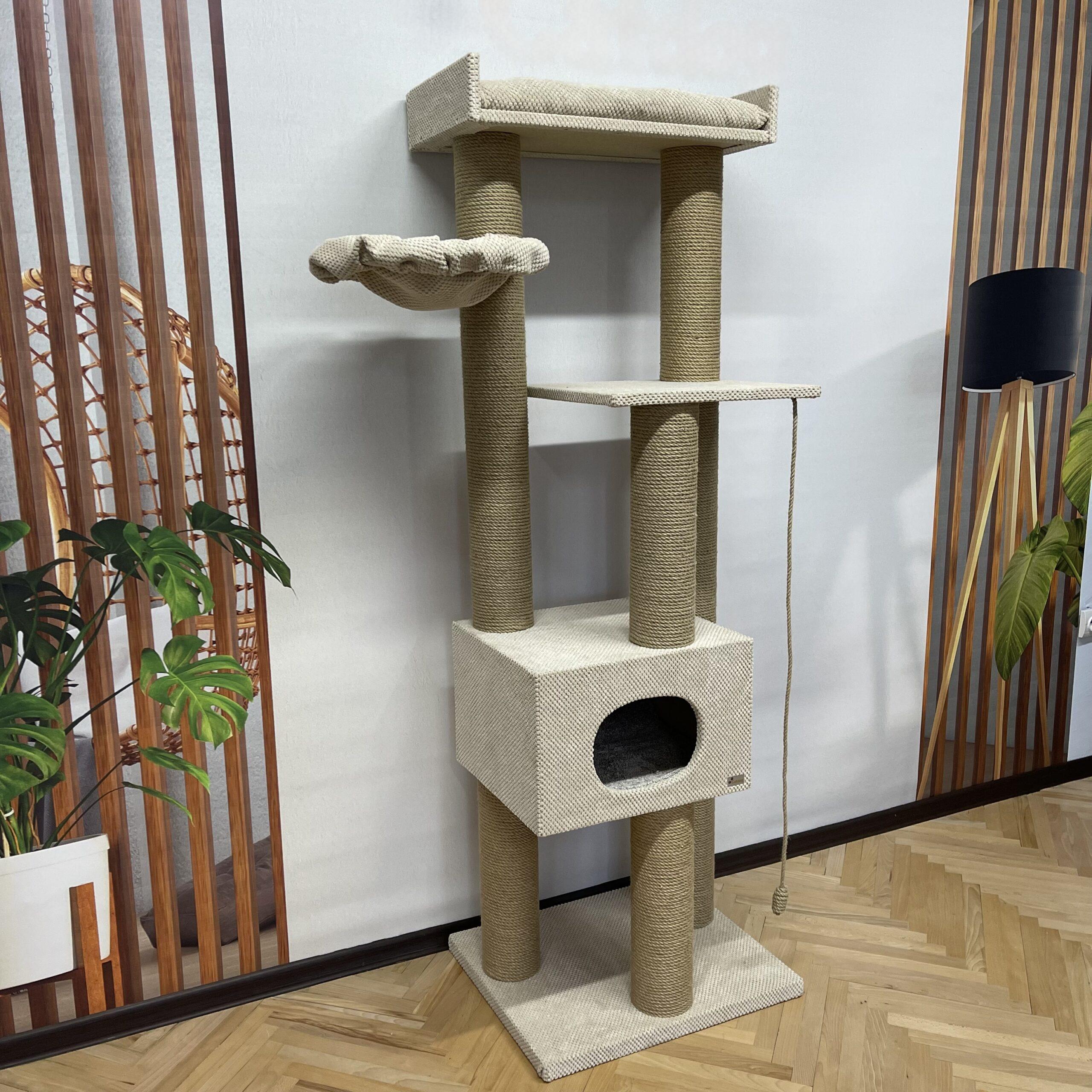 Kompleks kociego pazura "Sky" 180 cm z domkiem, wielopoziomowy, kompaktowy, z juty, z hamakiem, 180*60*50 cm - obrazek 4