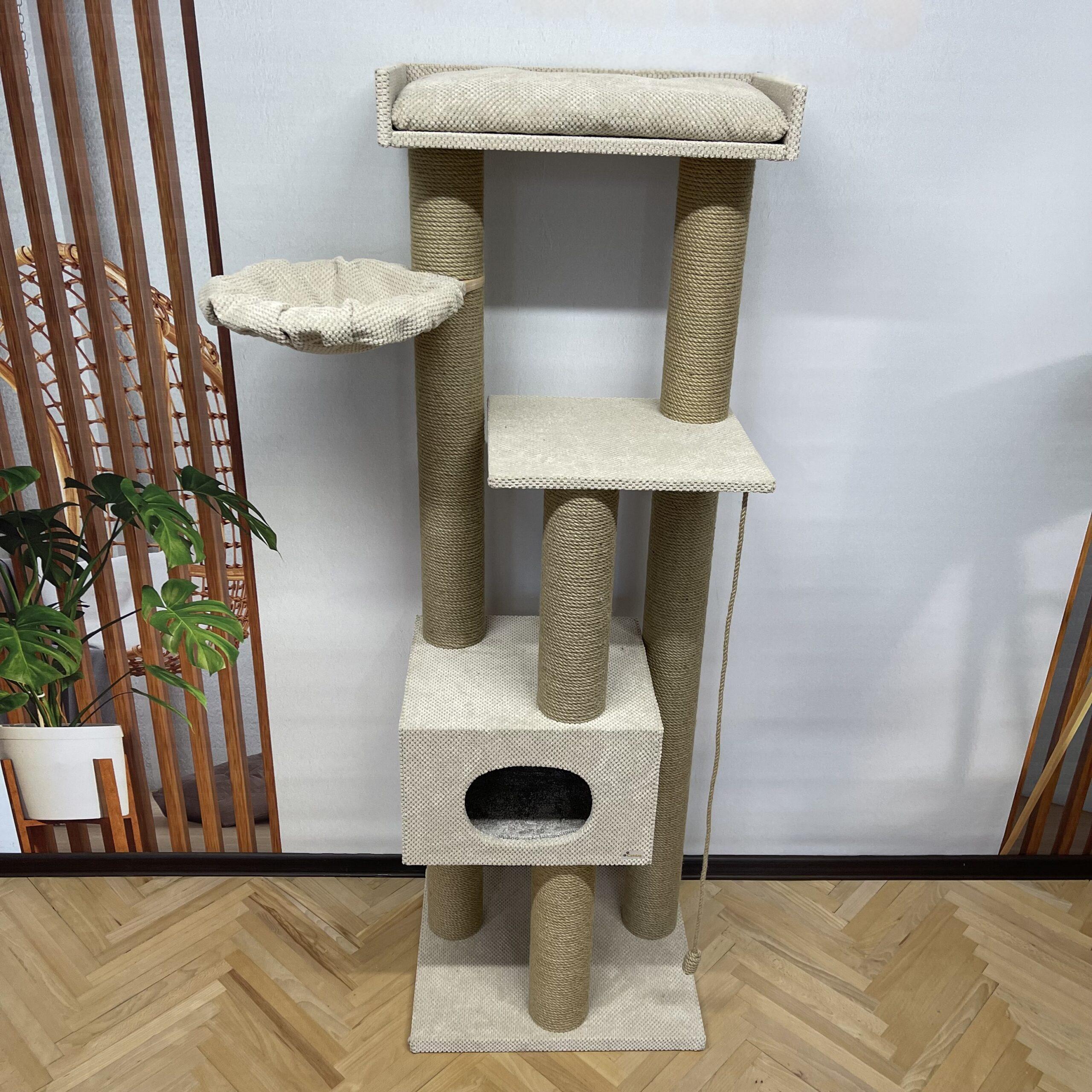 Kompleks kociego pazura "Sky" 180 cm z domkiem, wielopoziomowy, kompaktowy, z juty, z hamakiem, 180*60*50 cm - obrazek 2